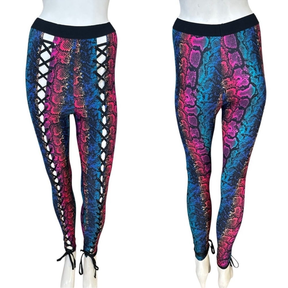 Club Exx Rainbow Snakeskin Print High Rise Cutout Lace Up Rave Party Leggings